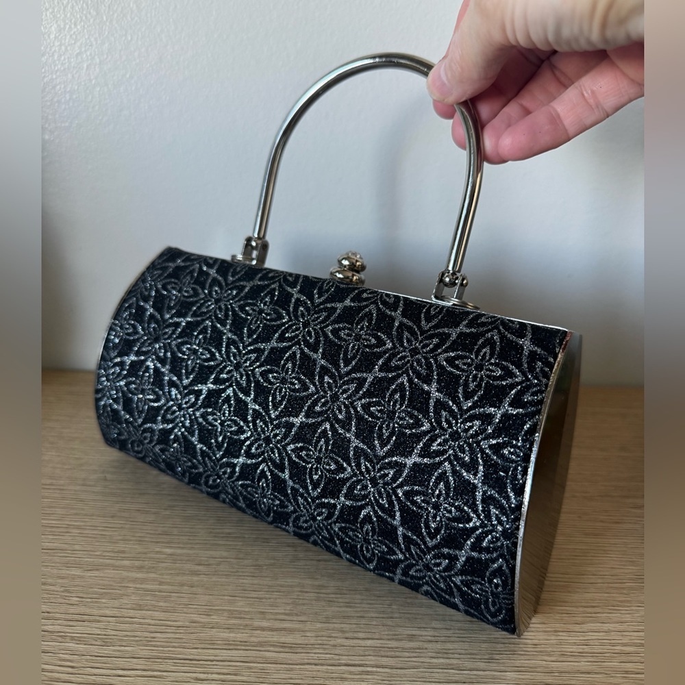 Black Floral Glitter Evening Handbag - Picture 2 of 7